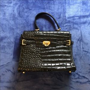 Muska Italian Black Patent Leather Croco Satchel
